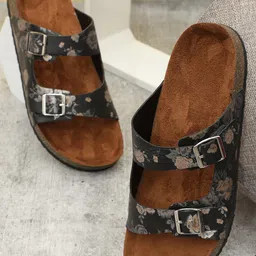 MOZAFIA Printed Two Strap Open Toe Flats With Buckle Detail-picture-30