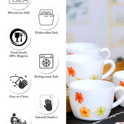 Cello White & Orange 12Pcs Printed Opalware Glossy Cups  130ml Each image 5