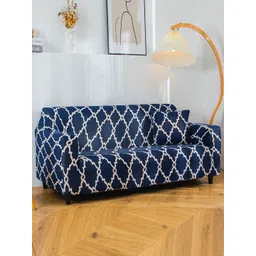 HOUSE OF QUIRK Navy Blue Printed 1-Seater Stretchable Non-Slip Sofa Slipcover image 4