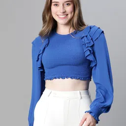 Oxolloxo Round Neck Cuffed Sleeves Ruffles Smocked Crop Fitted Top-image-16