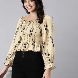 SHOWOFF Floral Printed Smocking Puff Sleeve Crepe Fitted Crop Top-image-45