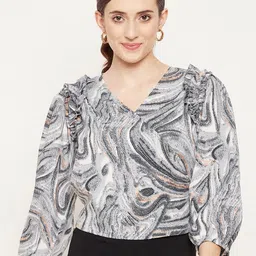 Bitterlime Grey Printed Crepe Wrap Top-picture-11