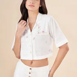 AKKRITI BY PANTALOONS Embroidered Floral Printed Cotton Shirt Style Crop Top-picture-22