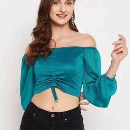 LE BOURGEOIS Turquoise Blue Off-Shoulder Bardot Crop Top-image-13