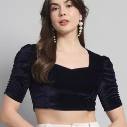 VAARARO Puff Sleeves Velvet Fitted Crop Top-picture-41