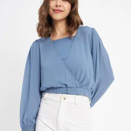 Madame V-Neck Puff Sleeve Embellished Wrap Crop Top-image-43