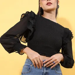 Tokyo Talkies Round Neck Bishop Sleeves Crop Top-picture-35