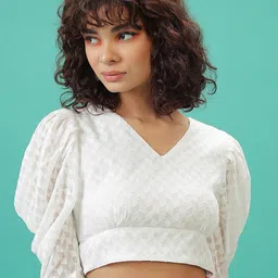 Tokyo Talkies White Self Design Embroidered Puff Sleeve Fitted Crop Top-image-41