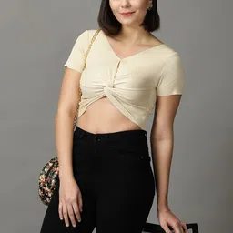SHOWOFF Beige V-Neck Twisted Crop Top-picture-18
