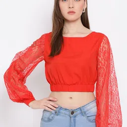 DRAAX Fashions Boat Neck Puff Sleeves Crop Top-image-95