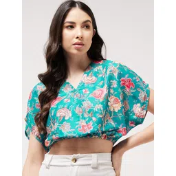 Pannkh Floral Printed V-Neck Extended Sleeves Blouson Crop Top-picture-35