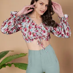 Slenor Women Floral Printed Ruched Tie-Front Crop Blouson Top-image-94