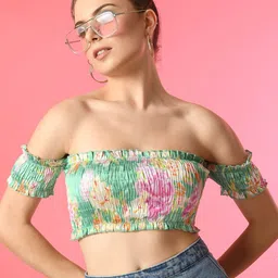PRETTY LOVING THING Floral Print Off-Shoulder Smocked Bardot Crop Top-image-44