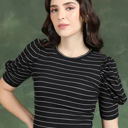 Tokyo Talkies Black & White Striped Puff Sleeves Crop Regular Top image 1