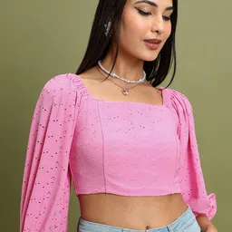 Tokyo Talkies Pink Square Neck Puff Sleeves Crop Top-image-88