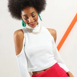 Veni Vidi Vici White High Neck Cold-Shoulder Crop Top-image-15