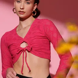 STREET 9 Fuchsia Self Design Schiffli Cut Out Fitted Crop Top image 5