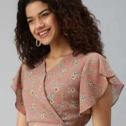 SHOWOFF Mauve & Green Floral Print Georgette Wrap Crop Top image 2