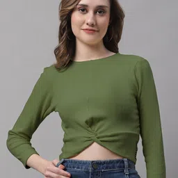 FBAR Pack Of 2 Ribbed Round Neck Cotton Three-Quarter Sleeves Twisted Fitted Crop Tops image 3