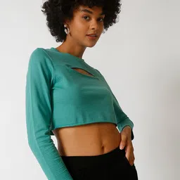 Campus Sutra Women Blue Solid Stylish Pure Cotton Casual Crop Top image 3