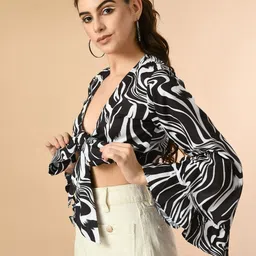 fuchsia PRETTY LOVING THING Abstract Printed Tie-Up Neck Bell Sleeve Crop Top image 2