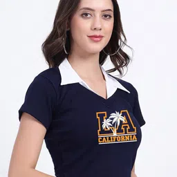 TABADTOD Typography Printed Shirt Collar Ribbed Crop Top image 3