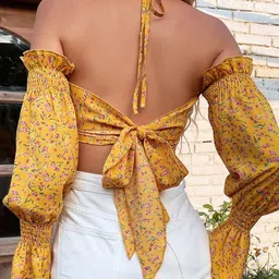 Stylecast X Slyck Yellow Floral Printed Halter Neck Bell Sleeves Fitted Crop Top image 4