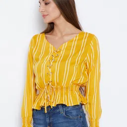 Zastraa V-Neck Striped Cinched Waist Crop Top image 4