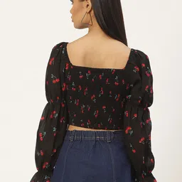 Slenor Floral Print Bell Sleeve Smocked Georgette Blouson Crop Top image 4