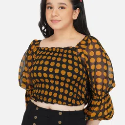 Antheaa Girls Black & Brown Polka Dot Print Smocked Georgette Crop Top image 4