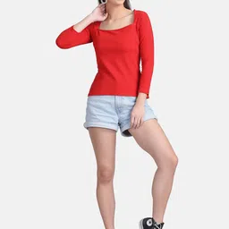 Sugathari Red Crepe Regular Top image 5