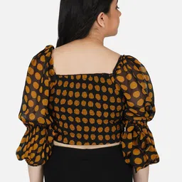 Antheaa Girls Black & Brown Polka Dot Print Smocked Georgette Crop Top image 3