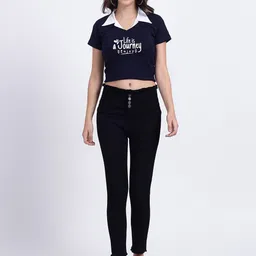 TABADTOD Shirt Collar Short Sleeves Typographic Printed Crop Top image 5