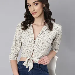 SHOWOFF Abstract Printed Puffed Sleeves Tie-Ups Shirt Style Crop Top-picture-39