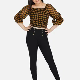 Antheaa Girls Black & Brown Polka Dot Print Smocked Georgette Crop Top image 5