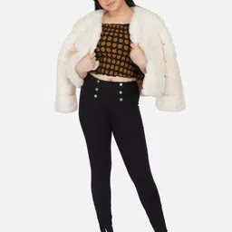 Antheaa Girls Black & Brown Polka Dot Print Smocked Georgette Crop Top image 2