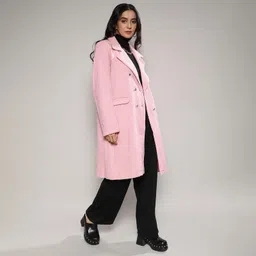 campus sutra Women's Polyester Blush Pink Double-Breasted Self-Design Long Coat For Casual Wear | Lapel Collar |Button Closure |Long Coat Crafted With Comfort Fit For Everyday Wear(XL) image 3