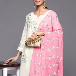 Indo Era Women White & Pink Floral Embroidered Straight Kurta Trousers Dupatta-picture-27