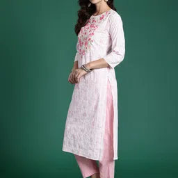 Indo Era Embroidered Thread Work Pure Cotton Kurta With Trousers & Dupatta image 2