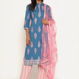 Fabriko Women Blue Ethnic Motifs Printed Kurta with Trousers & Dupatta image 1