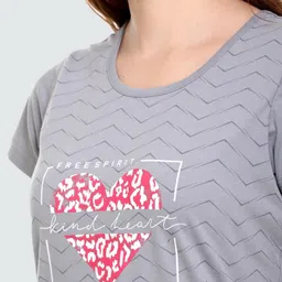 white moon Women Printed Round Neck Cotton Blend Grey T-Shirt image 4