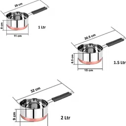 narv Stainless Steel Copper Base Sauce Pan Tea Pan, Milk Pan 3 Set Gas Compatible K1 4.3 inch, 5.9 inch, 6.6 inch Lid Set, Pack of 6 image 2