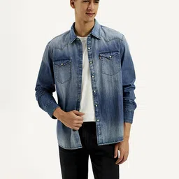 Men Slim Fit Washed Spread Collar Casual Shirt-image-1