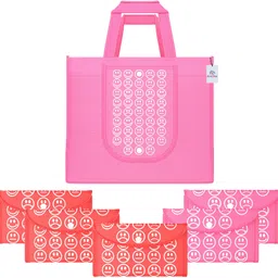 heart home Pack of 6 Smile Foldable Grocery/Shopping Bags For Women | Pink & Red Pack of 6 Grocery Bags image 1