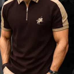 jump cuts Men Printed Polo Neck Cotton Blend Brown T-Shirt-picture-31