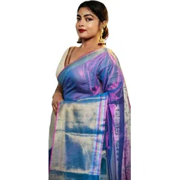 sagar Woven, Striped, Ombre, Geometric Print, Temple Border Bollywood Tissue Saree image 3