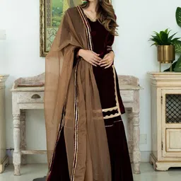 Lavanya The Label Women Maroon Velvet Kurti with Sharara & With Dupatta image 1