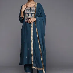 KALINI Ethnic Motifs Yoke Design Regular Thread Work Kurta With Trousers & Dupatta image 1