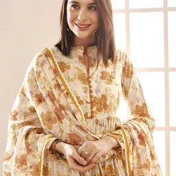 Anouk Women Floral Printed Pleated Pure Cotton Kurta with Trousers & With Dupatta image 1