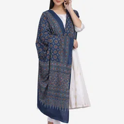 THE WEAVE TRAVELLER Blue & Rust Ethnic Motifs Printed Pure Cotton Block Print Dupatta image 3